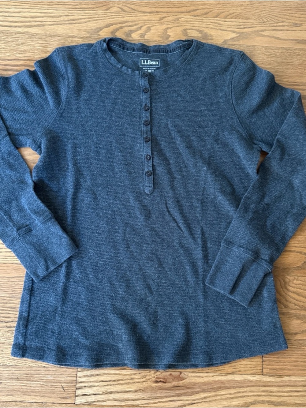LL Bean Top Womens Size M Heather Gray Waffle Knit Henley Cotton Shirt